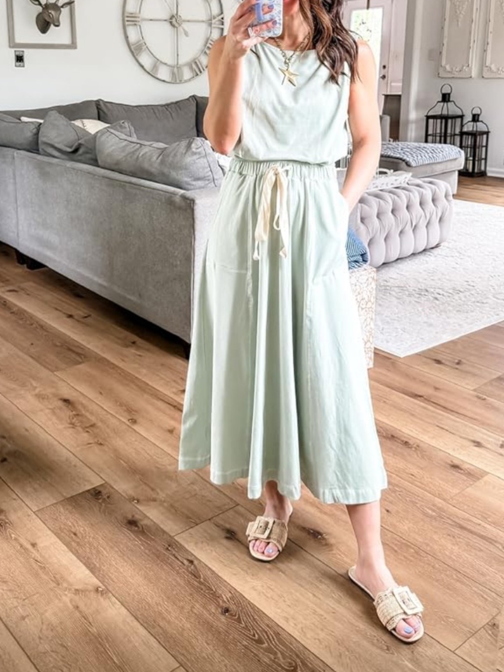 2 Piece Set Light Mint Drawstring Midi Skirt & sleeveless top 😎